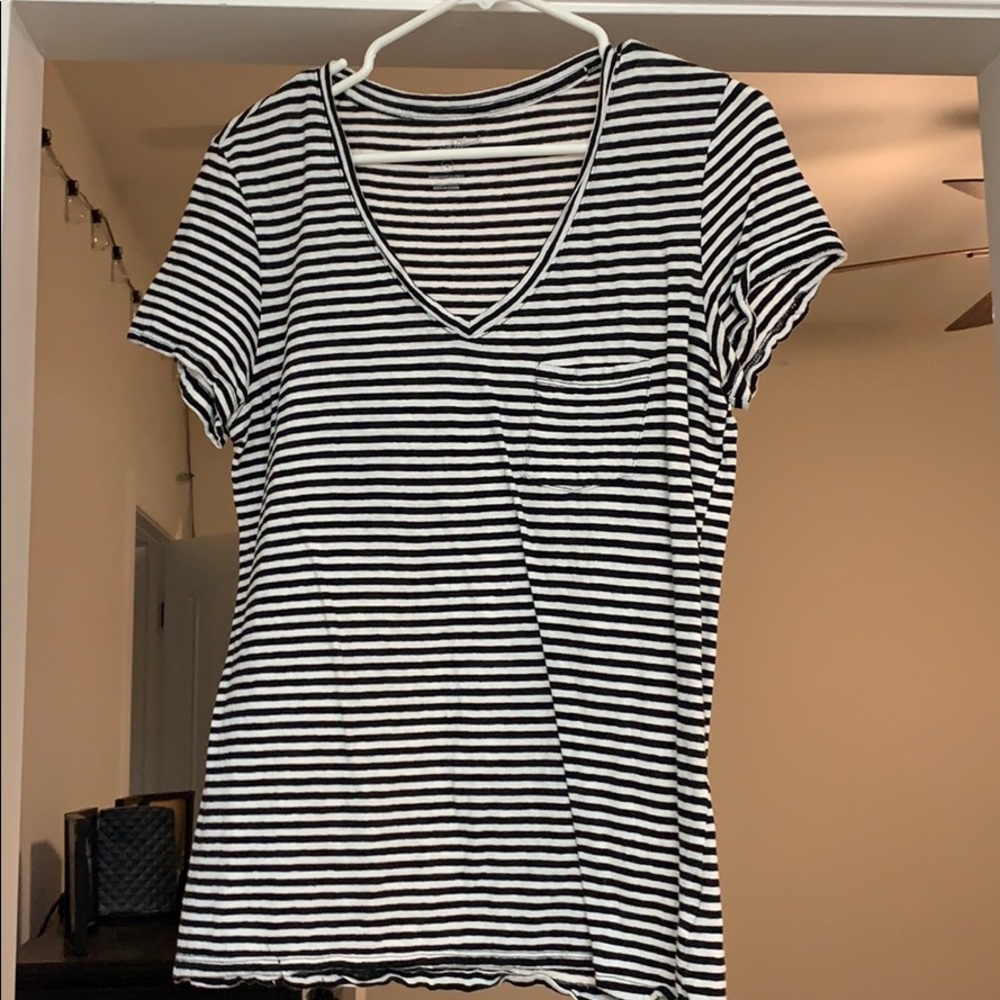 black and white striped tshirt with a v neck